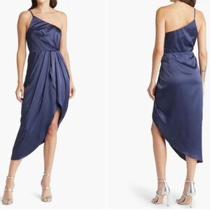 Lulus Law of Attraction One Shoulder Satin Dress Navy Blue Size Small NWT